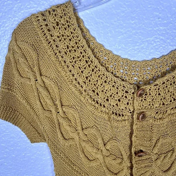 Sz XS Short-Sleeve Button-Up Blouse Mustard Yellow Open-Knit Eyelet - Picture 5 of 11